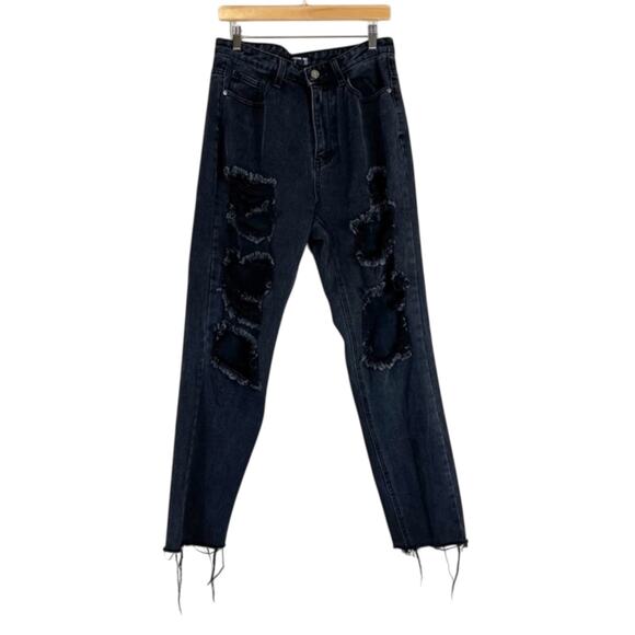 PrettyLittleThing Jeans Womens 8 Black Distressed High Rise Grunge Streetwear - Picture 1 of 6